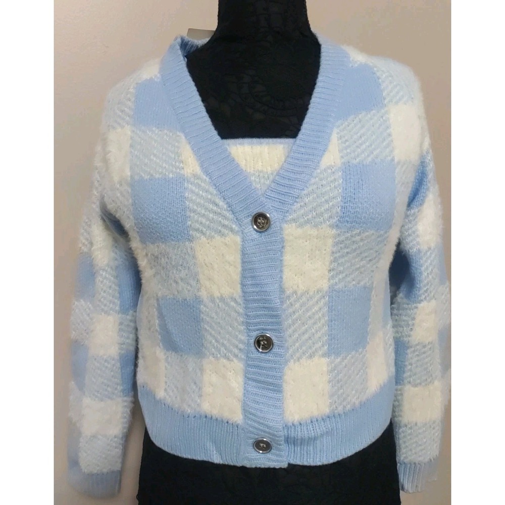 Willow And Wind Blue White Check Knit Tank And Sweater Set‎ Size Xs
